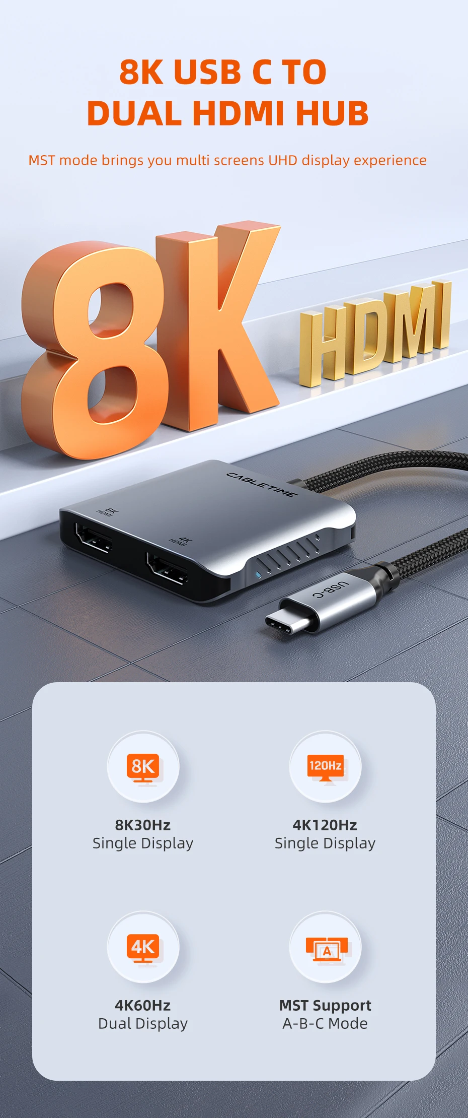 CABLETIME USB C zu HDMI Adapter MST 4K 8K Dual HDMI Monitor Konverter Dreifach Display Kompatibel mit M1/M2/M3 Windows Mac Laptop – Detail 1