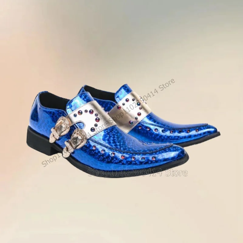 Blue Colorful Rivets Metal Buckle Alligator Print Men Shoes Fashion Slip On Male Shoes Luxurious Handmade Party Men Casual Shoes