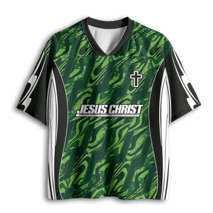 Green Swirl Pattern Mesh Jersey, Cross Jesus Christ Graphic V Neck Casual Top