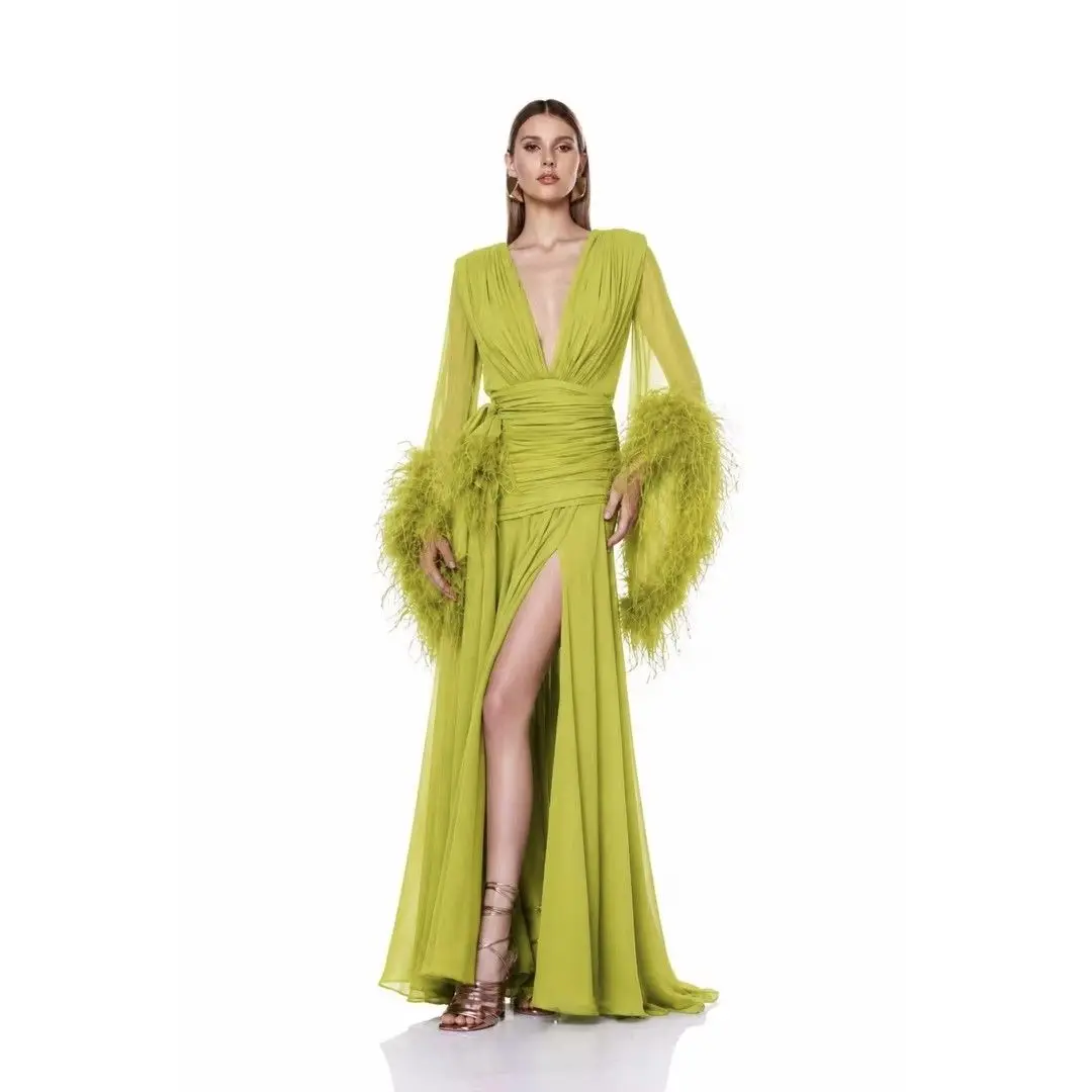 Vestidos de noche formales JEHETH personalizados en verde lima con cuello en V profundo, vestidos de noche con plumas y cintura fruncida para fiesta de graduación