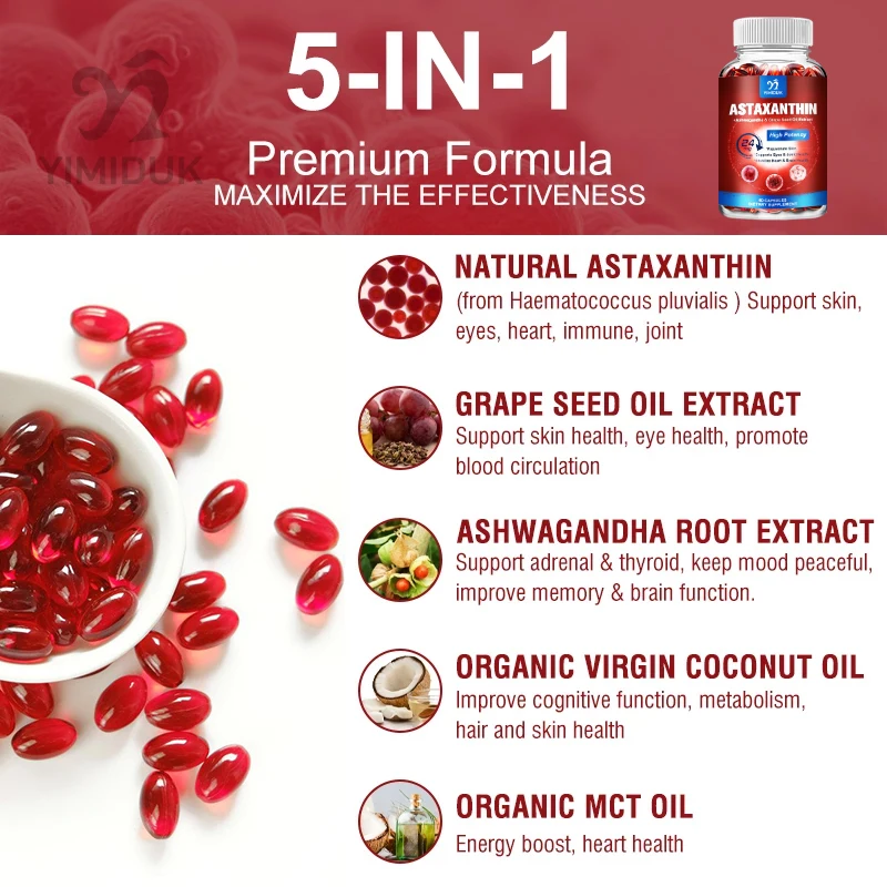 Astaxanthin Capsules - 24mg - Powerful Antioxidant Supplement Support Eye, Skin, Joint, Heart, Brain & Immune System Health