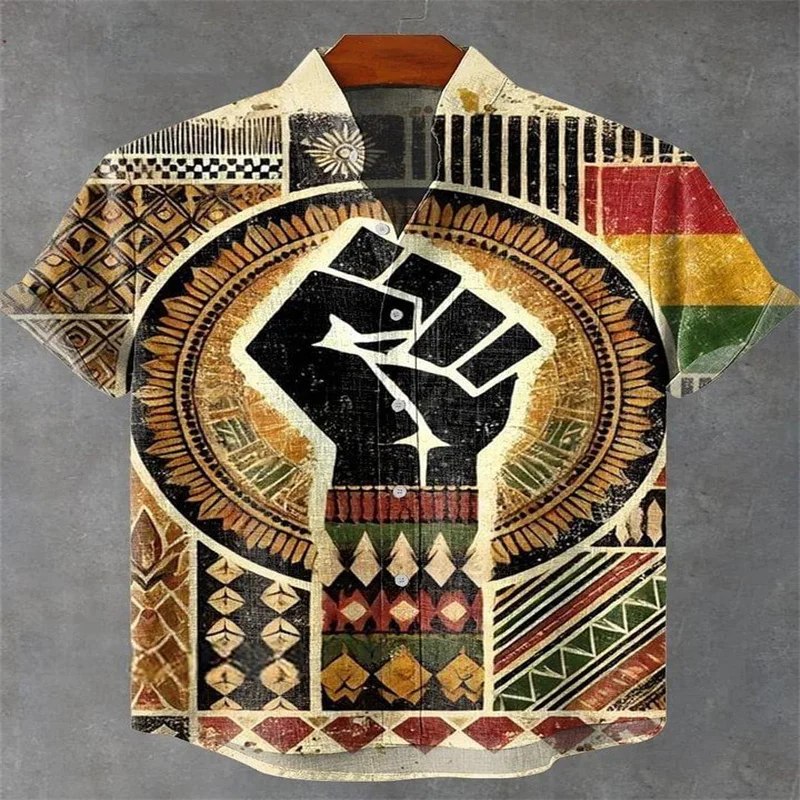 

Vintage African Art Hand drawn Tribal Figure Pattern Printed Casual Men's Hawaiian Shirt Polyester Fiber Fabric