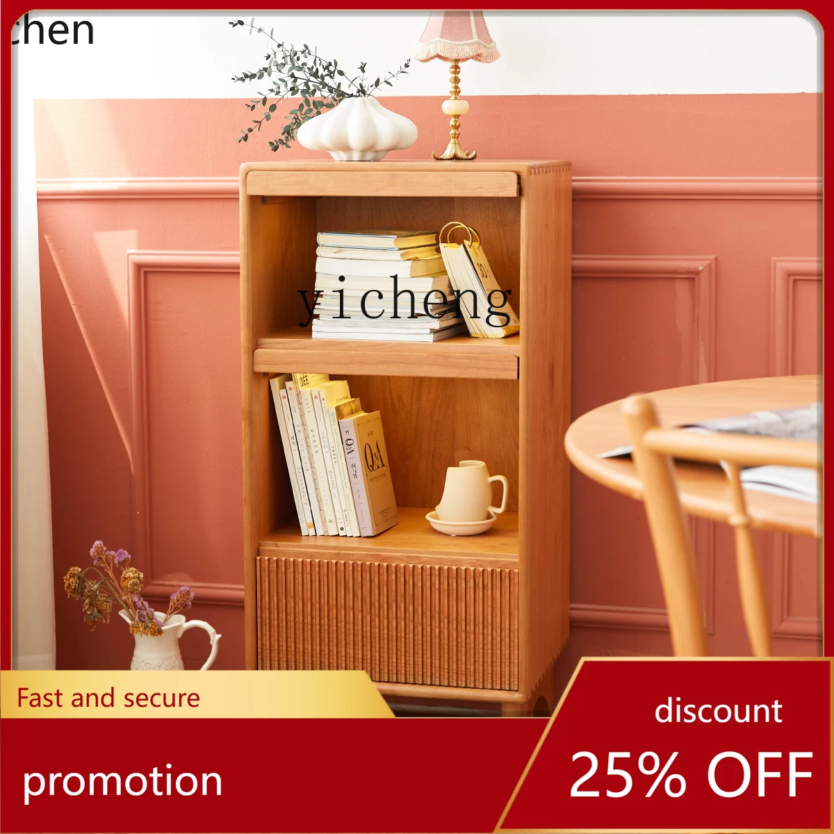 

HXL Cherry Storage Cabinet Living Room Solid Wood Multifunctional Side Cabinet Floor to Floor Glass Display Cabinet