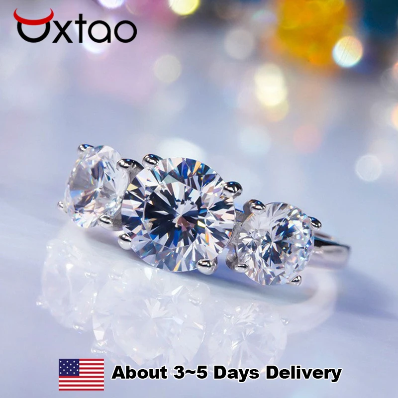 

OXTAO Moissanite Diamond Engagement Ring with Certified 925 Sterling Silver Three-Stone Wedding Band for Women Fine Jewerlry