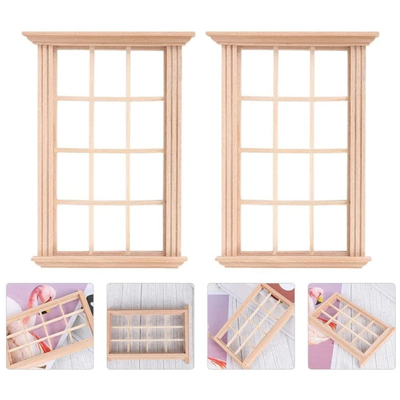 2Pcs Mini Furniture Doll House Miniature Window Frame Model Decoration Windows Dollhouse Furniture Toy-Drop Ship