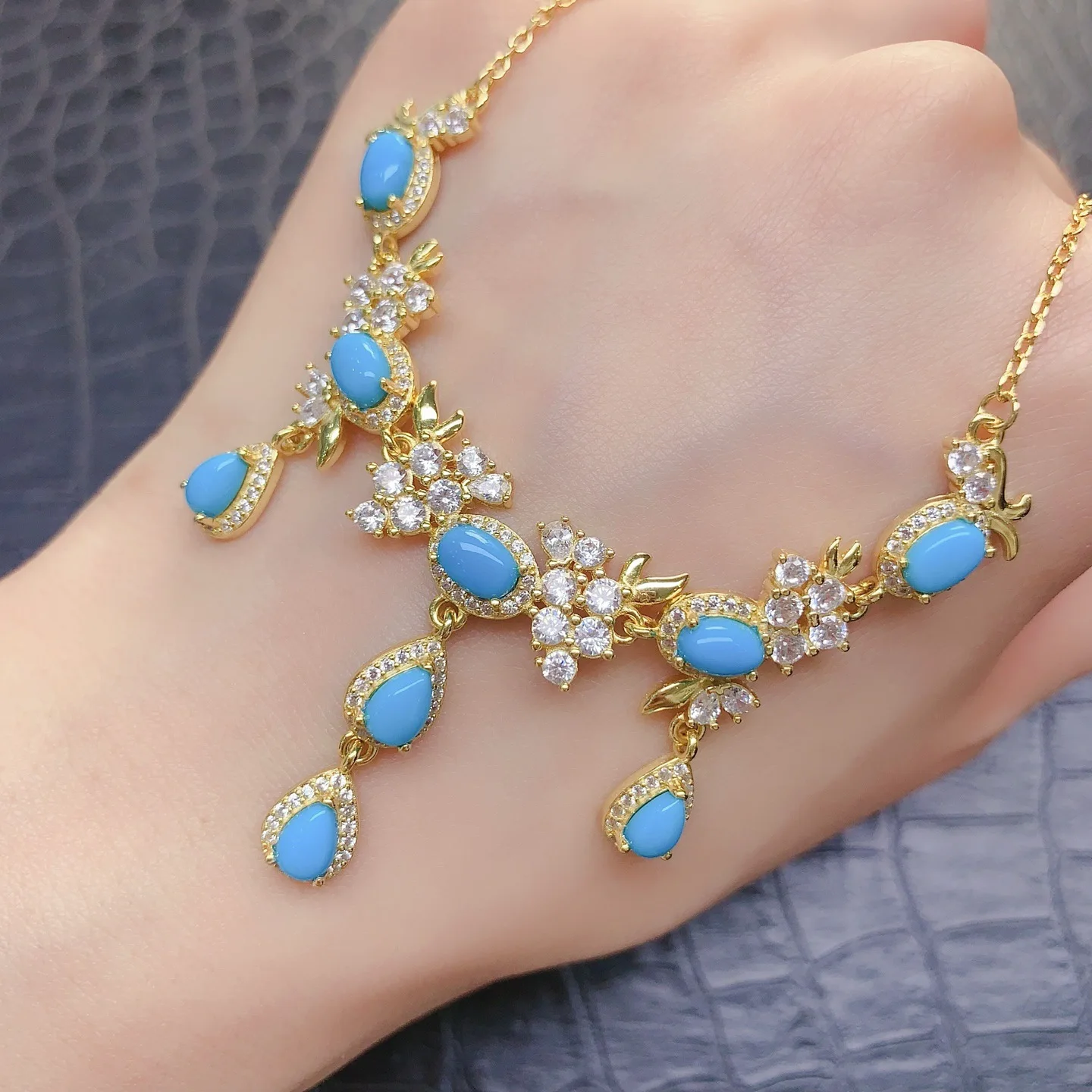 Natural Turquoise Statement Necklace 4x6mm Oval & Pear Cut S925 Silver Gold Plated with CZ Accents