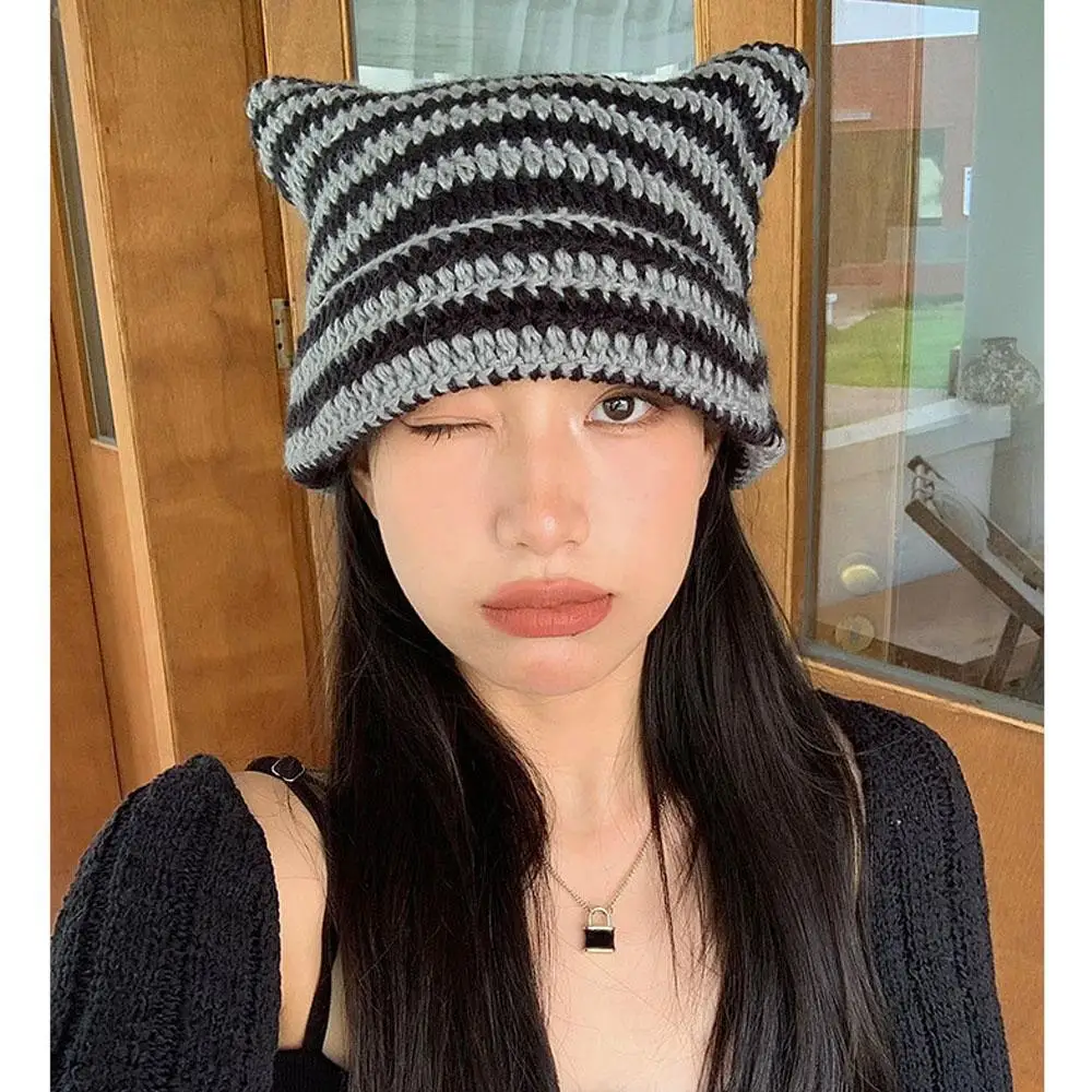 New Japanese Streetwear Harajuku Beanie Little Devil Striped Knitted Hat Women Girls Autumn Winter Cute Cat Ears Cap