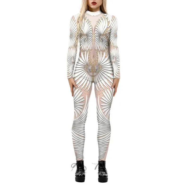 Patrón de lentejuelas de encaje estampado 3D esqueleto Robot disfraz Cosplay mono Sexy mujer ropa de fiesta de Halloween mono ajustado