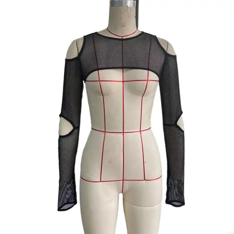 Women Summer for Sun for Protection Pullover Crop Top Cutout Cold Shoulder See Through Mesh Striped Long Sleeve Shrug Cl