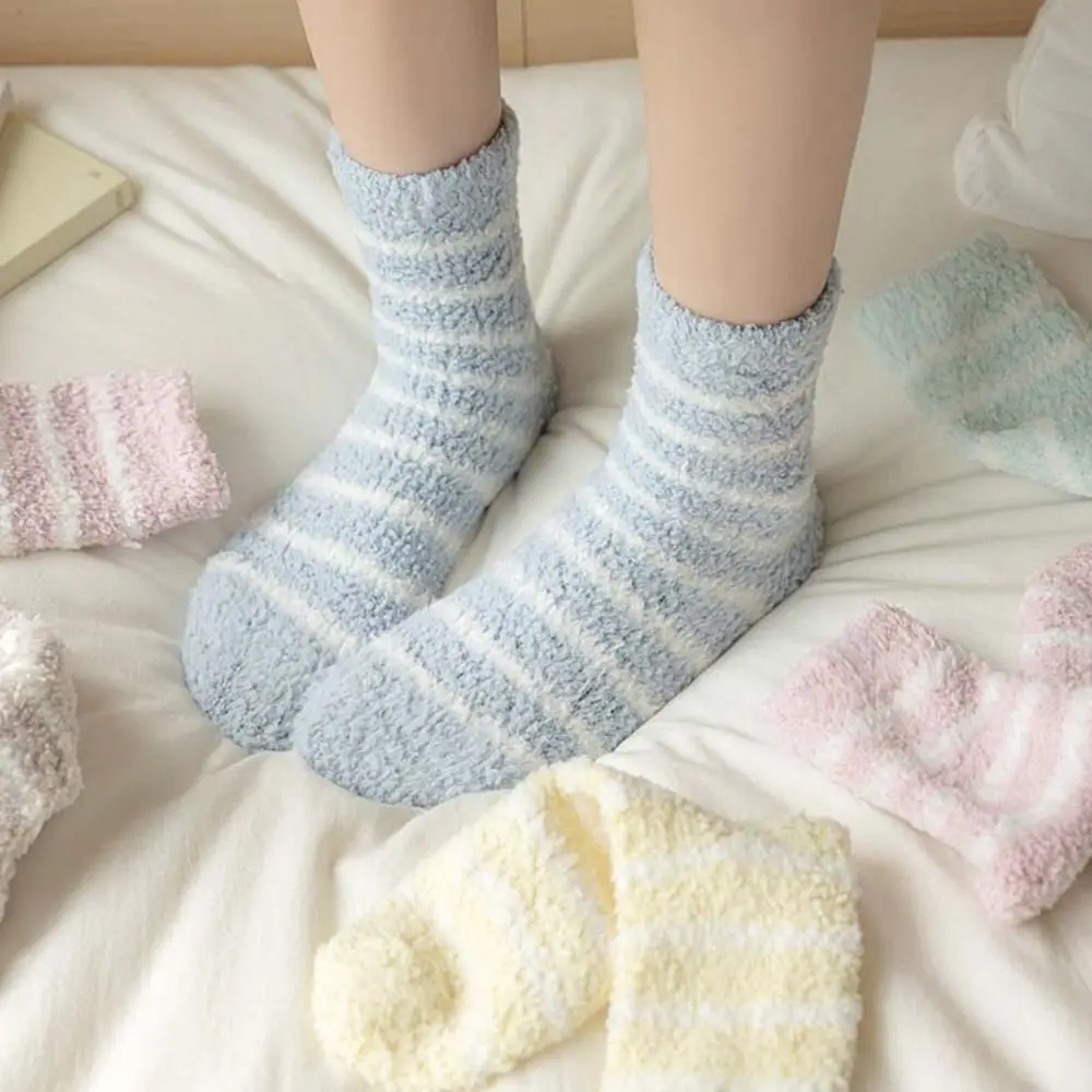 

6Pairs Warm Stripe Coral Fleece Socks Plush Warm Thicken Velvet Socks Hosiery Soft Sleeping Socks Girls