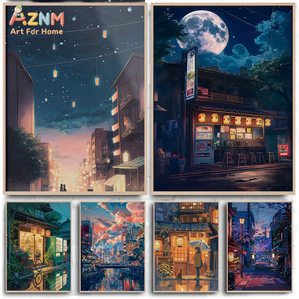 AZNM Anime Style Japanese Night Street Canvas Print Tokyo Izakaya Moon Sunset Cityscape Neon Light Scenery Wall Poster Unframed