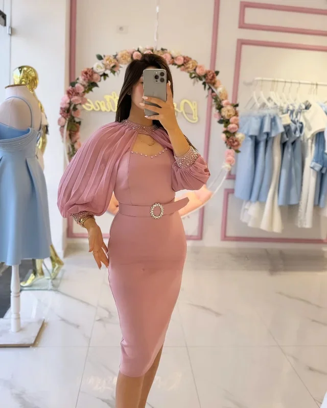 2024 New Summer Women's Maxi Pink Crepe Satin Prom Dress Puff  Sleeves Fashion Celebrity High Neck Crystals Party Drescustomized