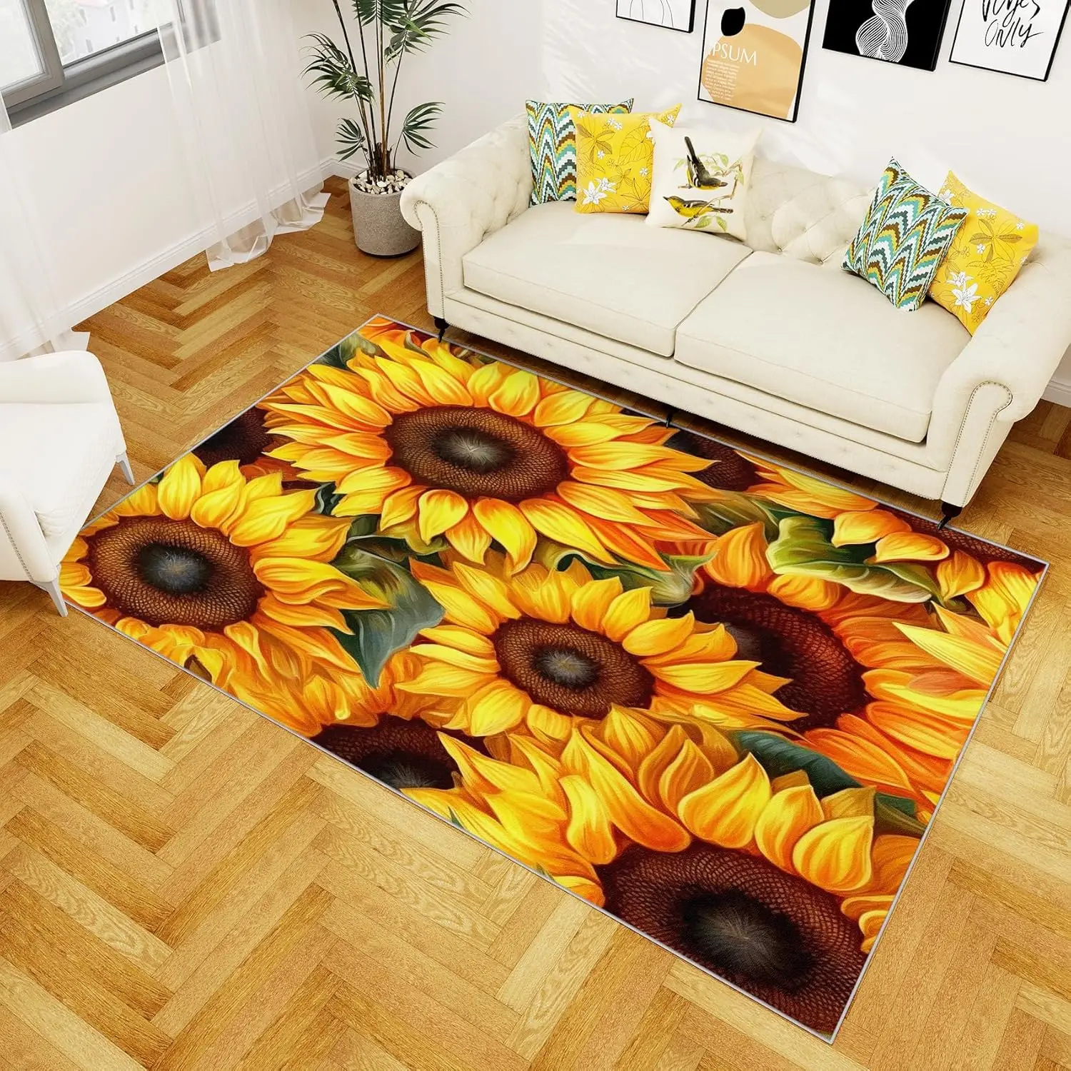 

Sunflower Rugs for Living Room Sunflower Rug - Girls Floral Area Rug - Yellow Flower Rugs - Non Slip Low Pile Summer Carpet