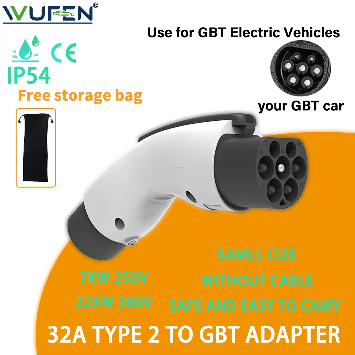 

WUFEN 22 кВт/7 кВт IEC62196 Тип 2 к GBT EV Адаптер Зарядный преобразователь 220 В/380 В 32 А 1P/3P Type2 GB/T Адаптер преобразователя зарядного устройства