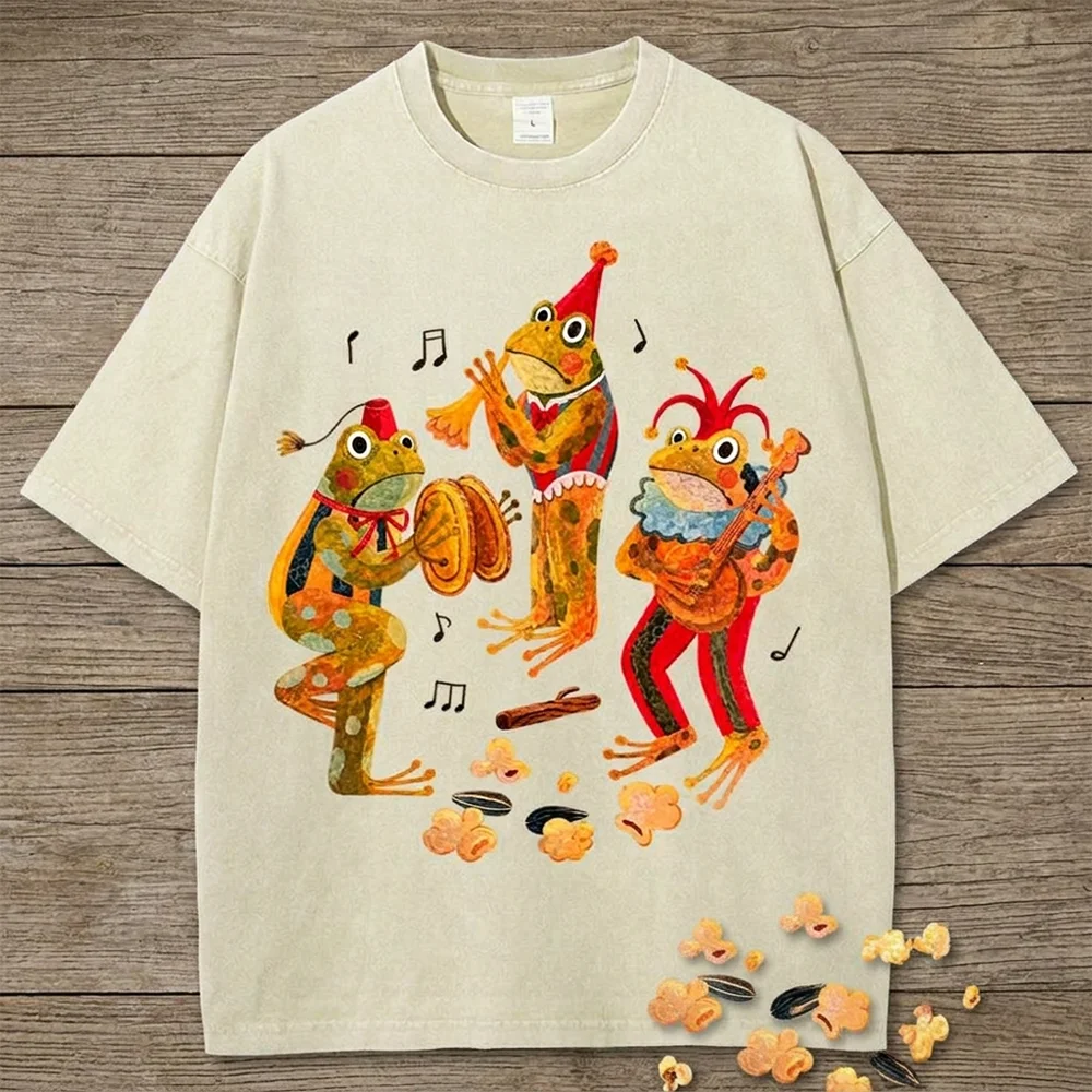 American Retro Frog Band Graphic T Shirt Women Summer Wash Vintage Oversized Cotton Short Sleeve Tops Streetwear