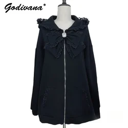 New Autumn Original Lace Cat Ears Hooded Jacket Sweet Rhinestone Bow Long Sleeve Cute Hoodie Coat Lolita Outwear