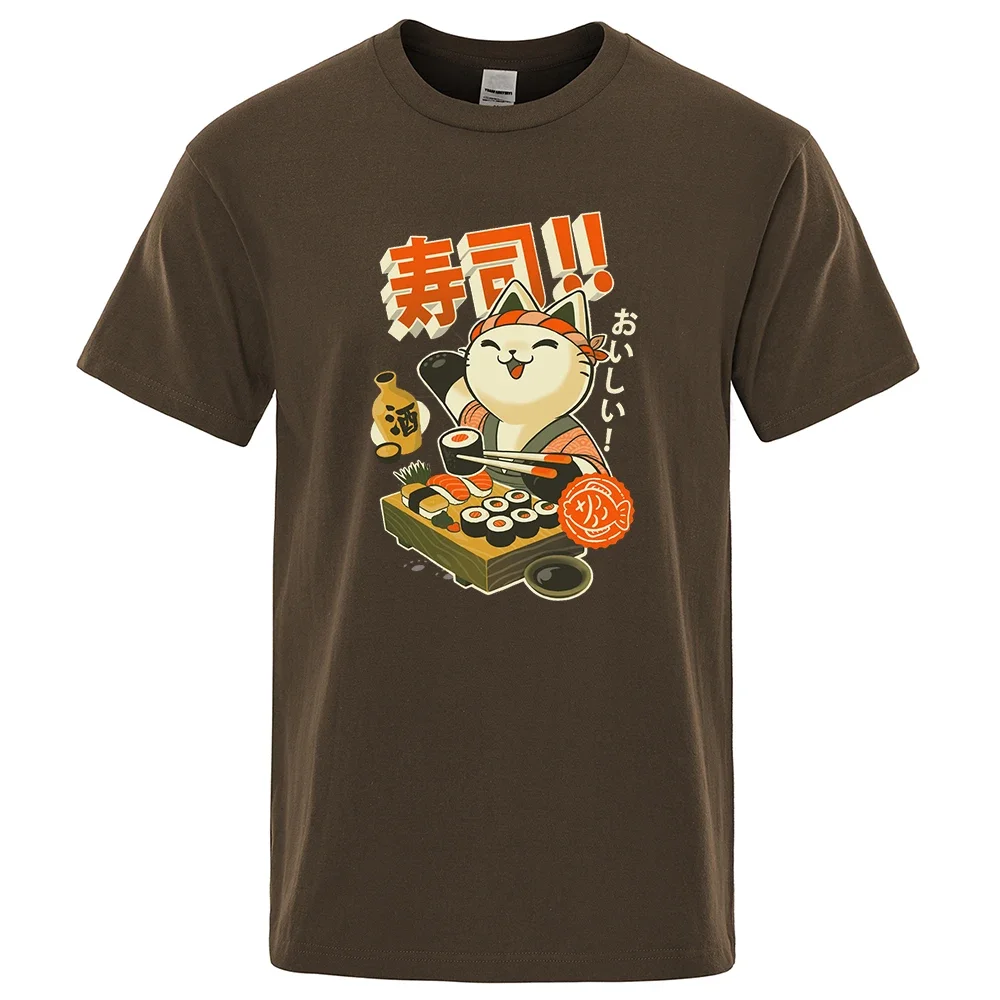 Japão Sushi Chef Cat Cartoons Homens Tshirt Oversized Loose Clothes Street Cotton T Shirts Moda Camisetas Casual Brand Tshirt