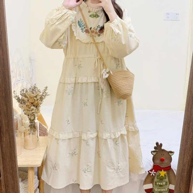 Mori Girl Vintage Embroidery Long-sleeved Spring Dress Japanese Sweet Cute Loose Ruffled Drawstring Beige Long Dresses for Women