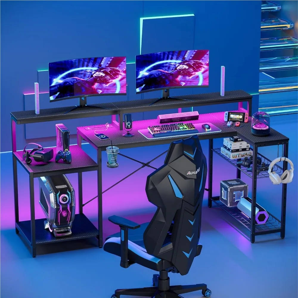 LED Computer Gaming Table com Monitor Stand, L Shaped Grande Mesa, Metal Prateleira, Móveis para Quarto, PC, 71,5"