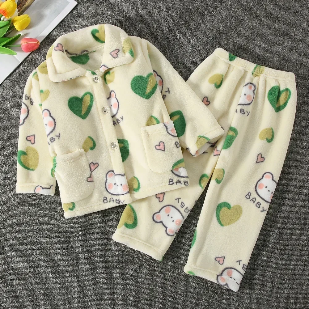 New 2024 Kids Boys Girls Autumn Winter Flannel Pajamas Cartoon Long Sleeve Lapel Tops with Pants Pyjamas Sleepwear Clothing Sets