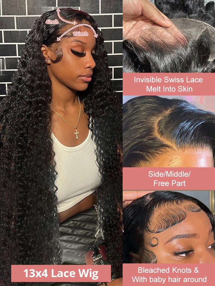 40 Inch Deep Wave 13x4 Lace Frontal Wig Glueless Human Hair Wig Brazilian 13x6 Water Curly HD Lace Front Wigs PrePlucked