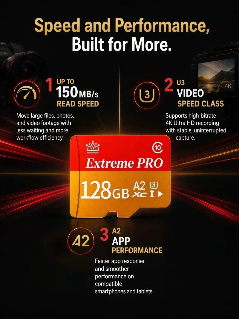High-Speed 128GB/256GB/512GB UHS-I U3 A2 Micro SD Memory Card with Adapter, UHD Compatible for Android Phone, Tablet & Gaming.