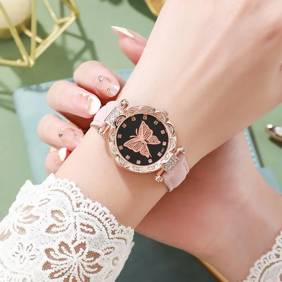 Foreign trade new design listing frosted leather watch butterfly series rhinestone women's watches