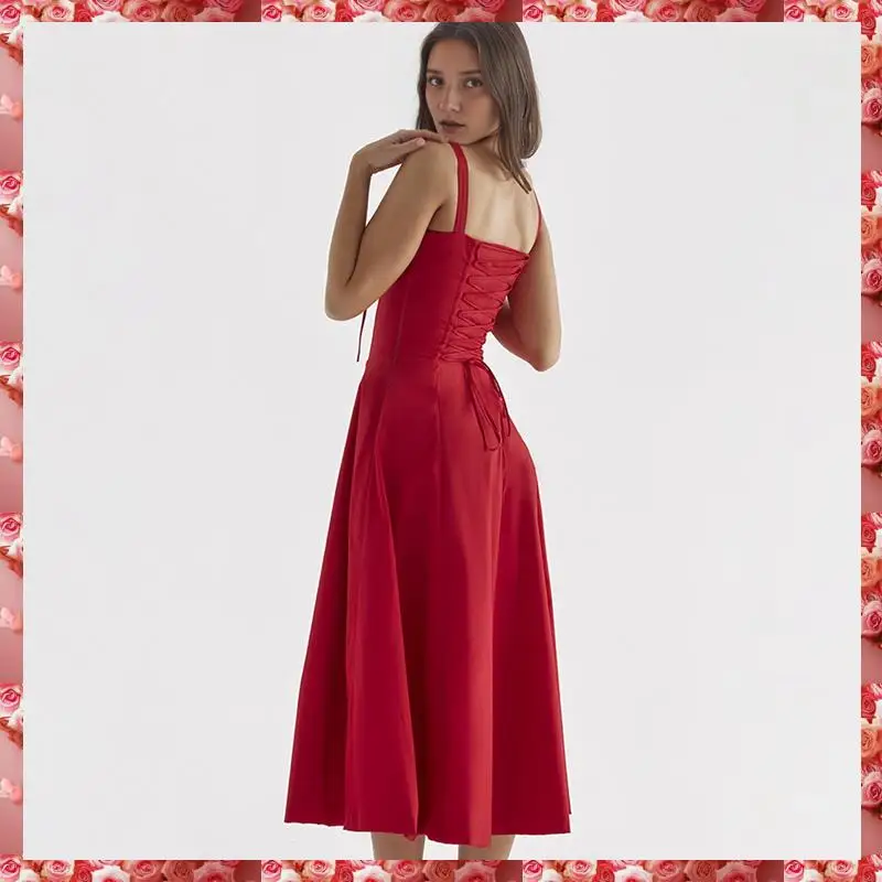 Women's Summer Midi Corset Boho Dresses Casual Spaghetti Straps Lace Up Dress Flowy Aline Beach Sundress