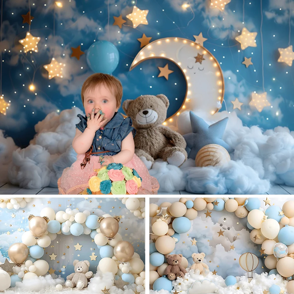 

Dreamy Blue Teddy Bear Baby 1st Birthday Backdrop Star Moon Balloon Baby Shower Party Photography Background Kids Photo Studio