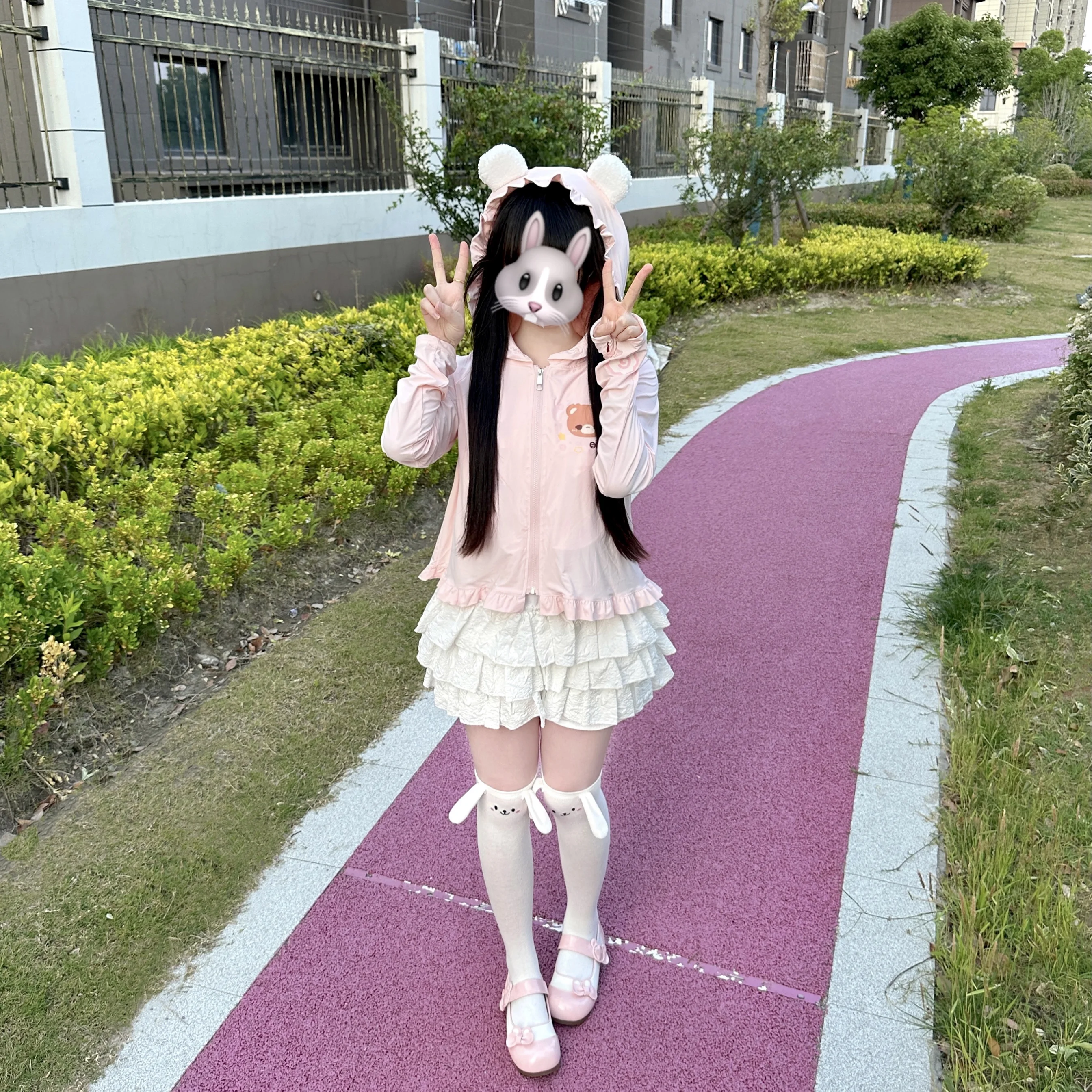 Japanese Style Cute Soft Girl Sun Protection Bear Ear Thin Zipper Hooded Jacket Pink Bear Ear Sun Protection Clothing Women