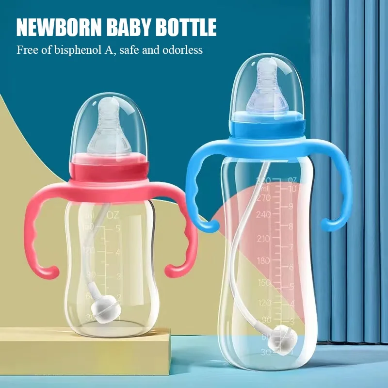 baby milk bottle silicone nipple breast-like feeding bottle Anti Colic with straw handle bottles for babies boy and girl