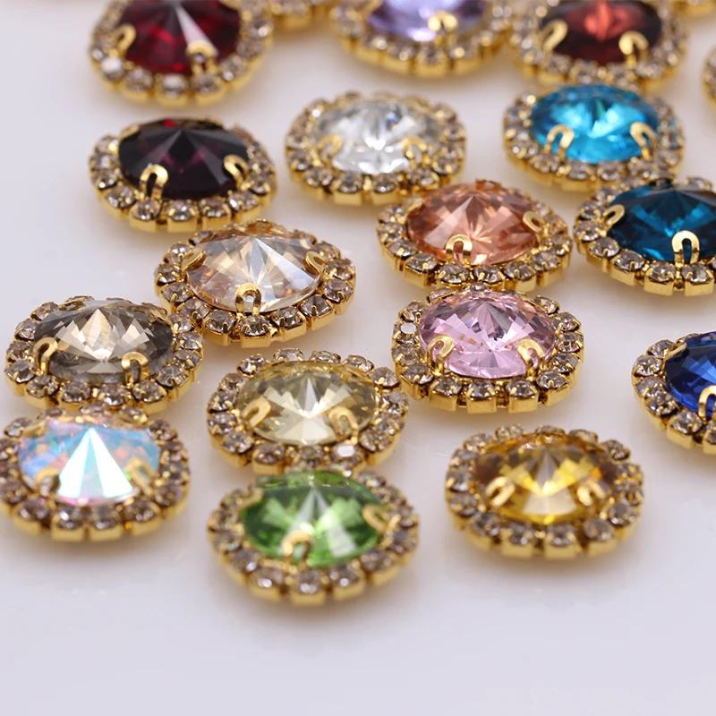 All sizes Rivoli sew on crystal strass Round rivoli sew on rhinestones with Golden rhineston claw Diy wedding dress decoration