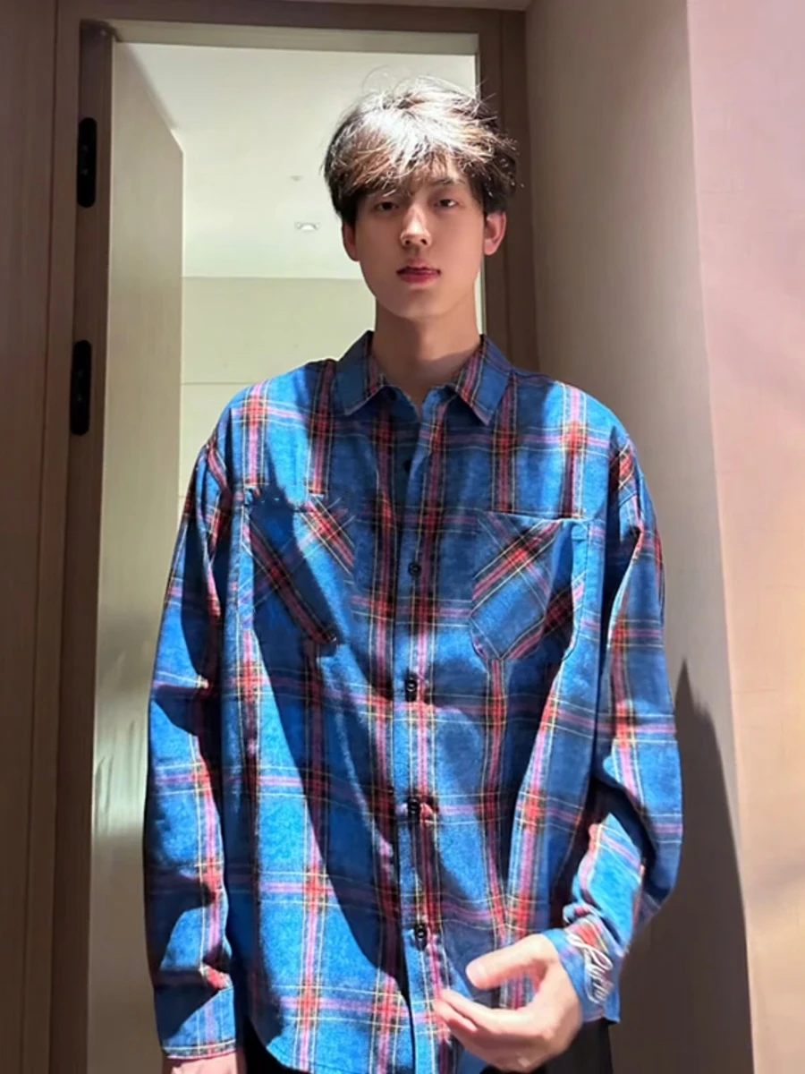 

Мужская рубашка с длинным рукавом в синюю клетку, весенне-осенняя, в стиле Cleanfit Preppy, повседневная, дышащая, влагоотводящая, верхняя одежда