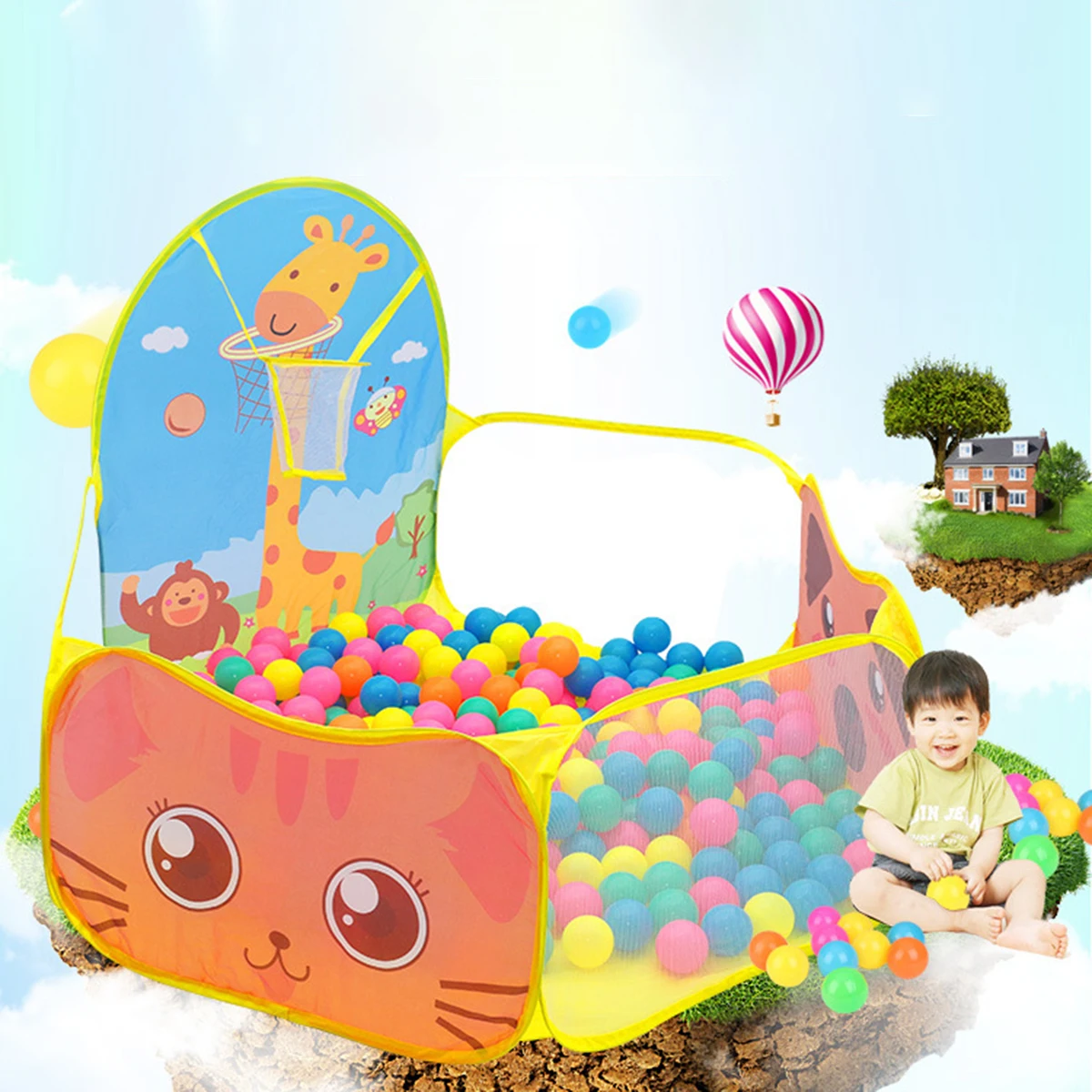 เต็นท์บอลพูลสำหรับเด็ก บ้านของเล่นในร่ม/กลางแจ้ง พับเก็บได้ ลายการ์ตูนยีราฟ พร้อมลูกบอลในตัว ของเล่นเสริมพัฒนาการด้านกีฬา