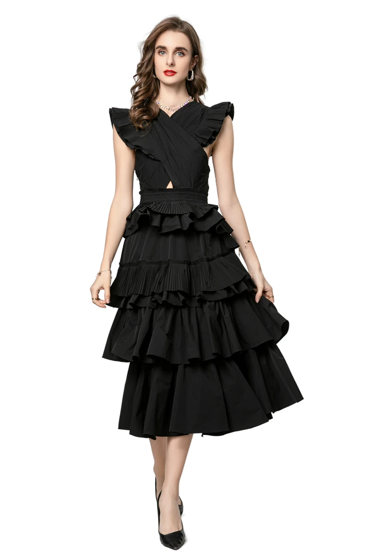 Vestidos femininos criss cross em camadas babados sexy fechadura elegante designer de moda festa vestido de baile