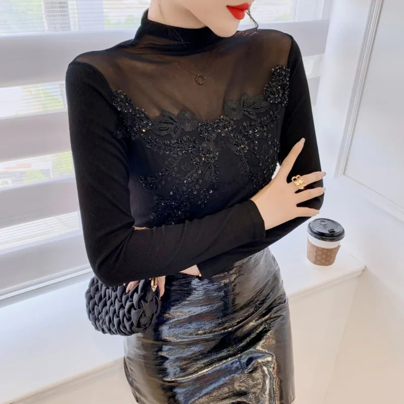 #4250 Black Turtleneck T Shirt Women Sexy Perspective Spliced Mesh Tight T-shirt Ladies With Sequins Embroidery Korean Style