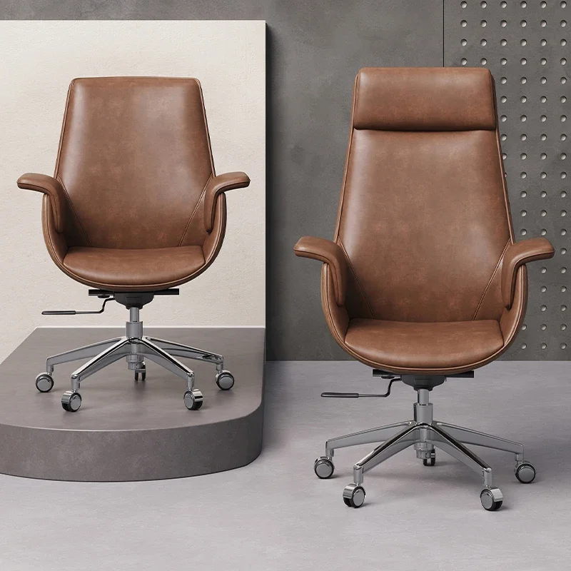 Boss leather backrest office chair, leather chair office chair home study comfortable sedentary Maillard retro style