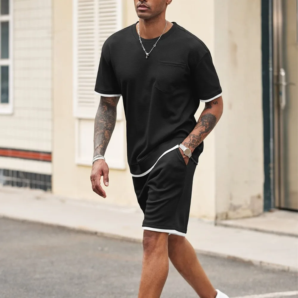 Men's Color Matching Sports Suit Short Sleeve Shorts Two Piece Suit