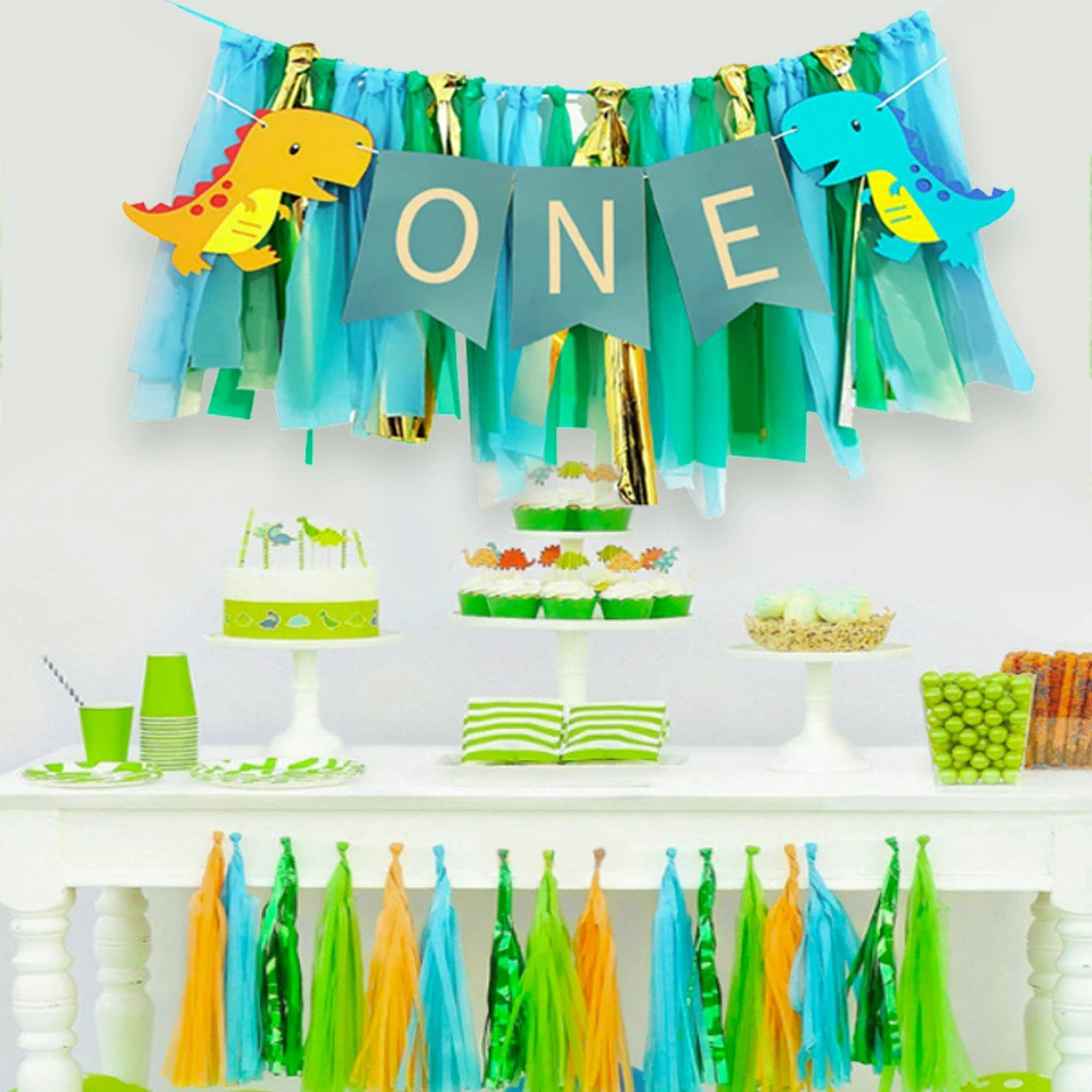 Baby Boy Dinosaur Birthday Party Highchair Banner 1st Dinosaur Birthday First One Year Old Bunting Banner