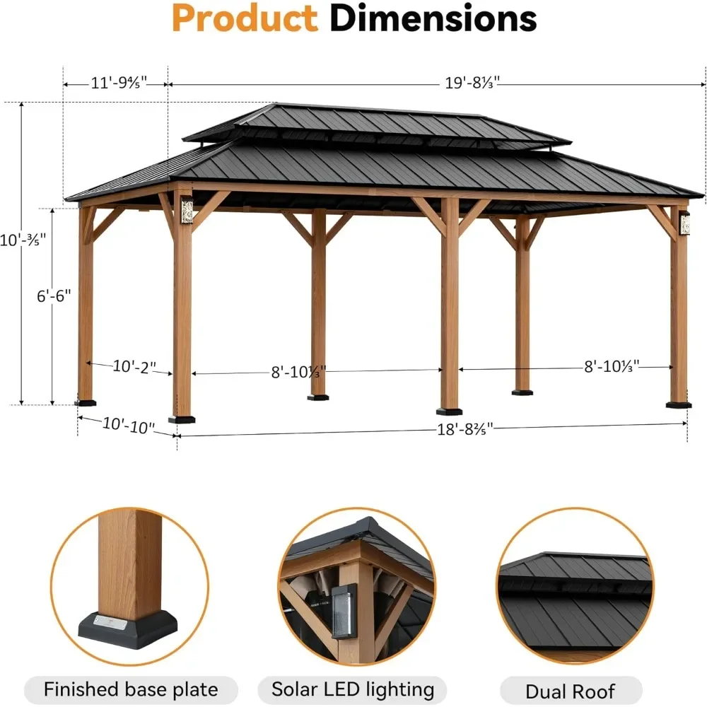 Permanenter Hardtop-Pavillon, 12 Fuß x 20 Fuß, mit 4 LED-Leuchten, Outdoor-Pavillon mit Doppeldach aus verzinktem Stahl, Terrassenpavillon mit Dekorhaken