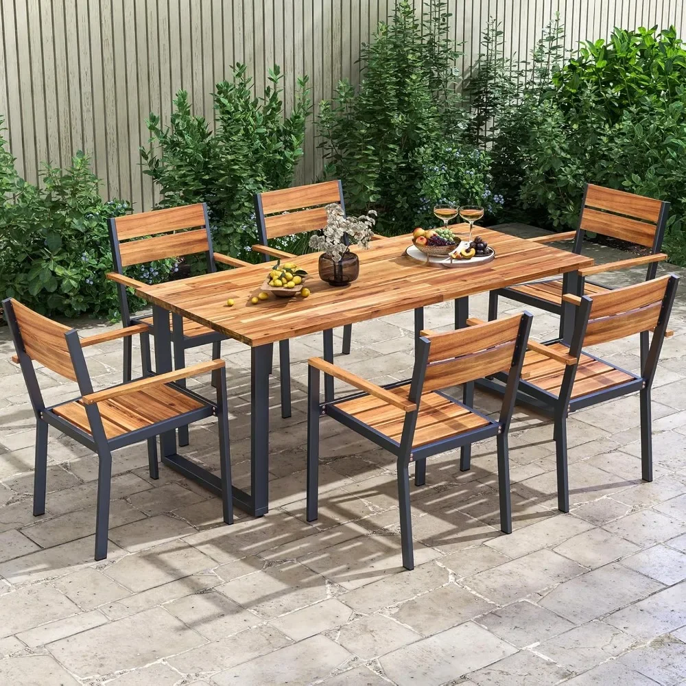 

6 Pieces Outdoor Acacia Wood Dining Set, Patio Table and Chairs Set with Bench for 6-7 People, Outdoor Dining Furniture