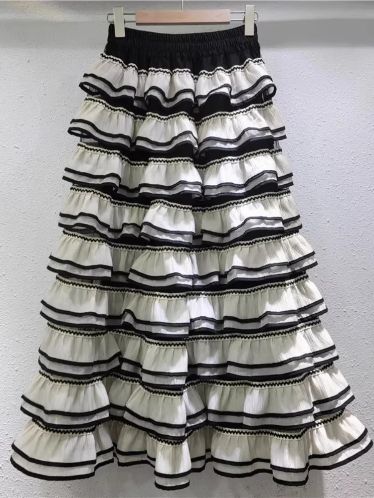 Jupe gâteau français en gaze de couleurs contrastées, douce, mode, taille haute, ligne a, polyvalente, ample, rayée, longue, printemps été