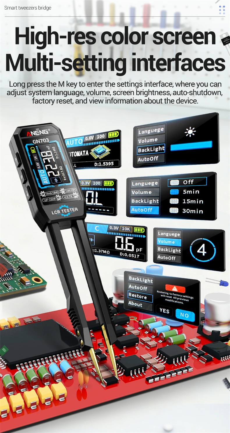 ANENG GN703 USB-Aufladbares Tragbares Digitales LCR-Bridgemeter 100Hz 1KHz 10KHz Diodentester Kalibrierung für Elektronik-Reparatur – Detail 7