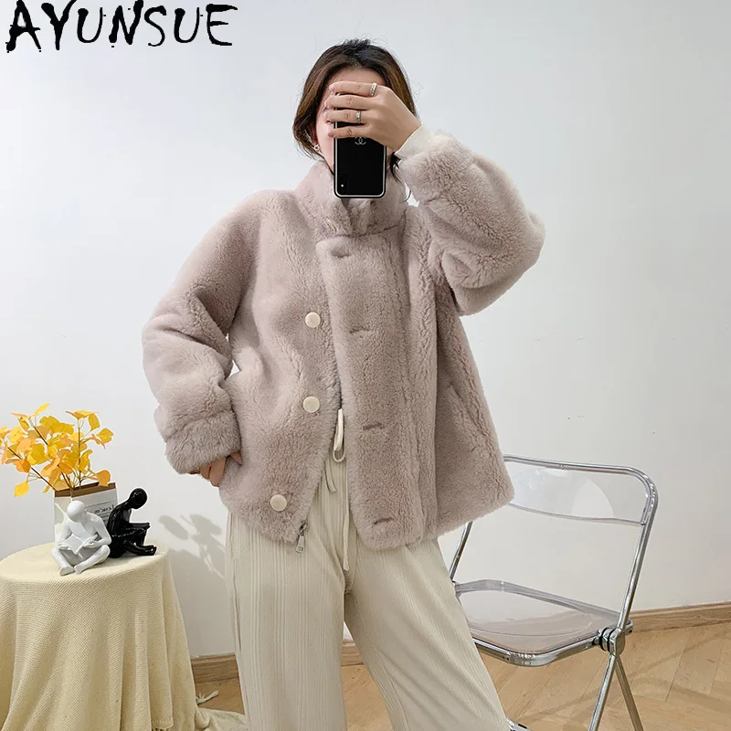 AYUNSUE 100% ウールコート レディース 2025 冬服 女性用 本物の羊毛 シアリングジャケット グレインファッション 合成毛皮 パルトォ ジェンソーレ