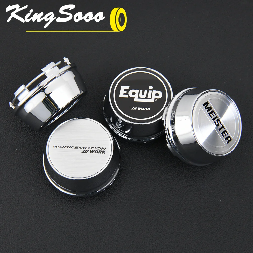 4PCS JDM WORK Rim Cap 61mm Clip Sport Wheel Cap MEISTER EQUIP Emblem Sticker Wheel Center Cap Hub Cover Cap Black & Silver