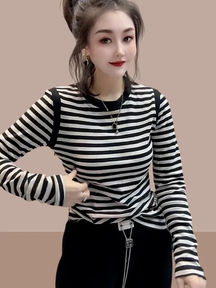 Camiseta de Manga Larga a Rayas, Corte Ajustado, 100% Algodón, para Mujer, Prenda Interior, a la Moda, Primavera-Otoño, Nueva Llegada