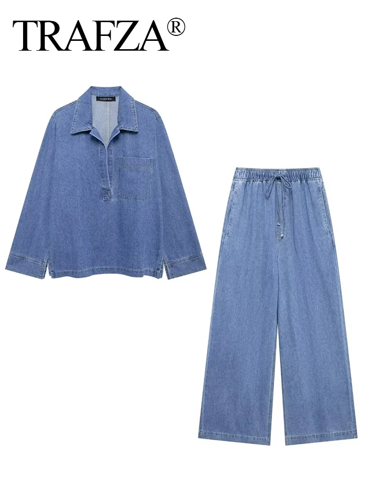 TRAFZA Women Denim Shirt Pant Sets 2024 V-Neck Denim Pullover Top+Drawstring Wide Leg Pant Suit Casual Two Piece Female Outfit