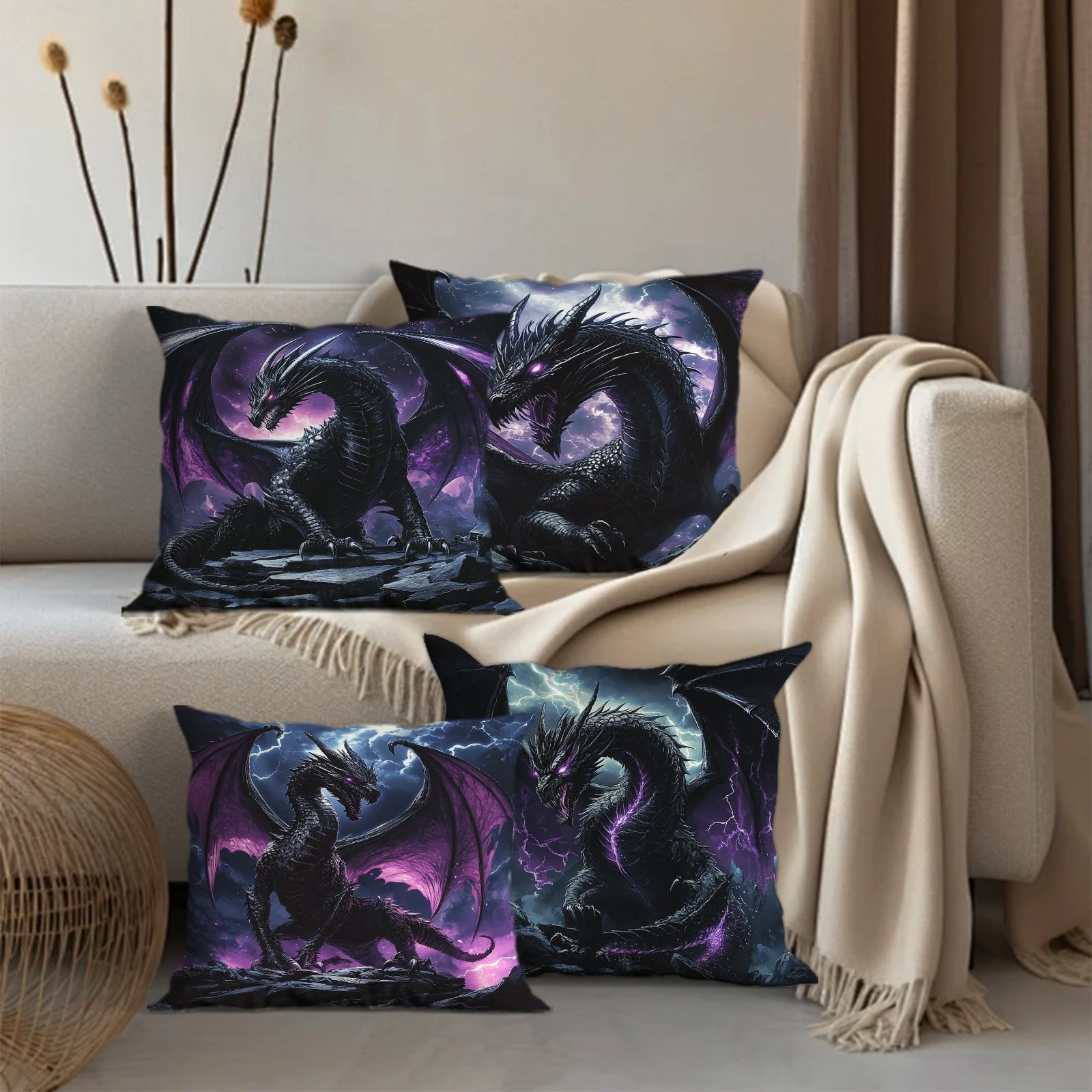 1PC 2D Flat Dark Fantasy Purple Void Dragon Throw Pillow Covers Gothic Home Decor No Pillow Core Unreal Embroidery