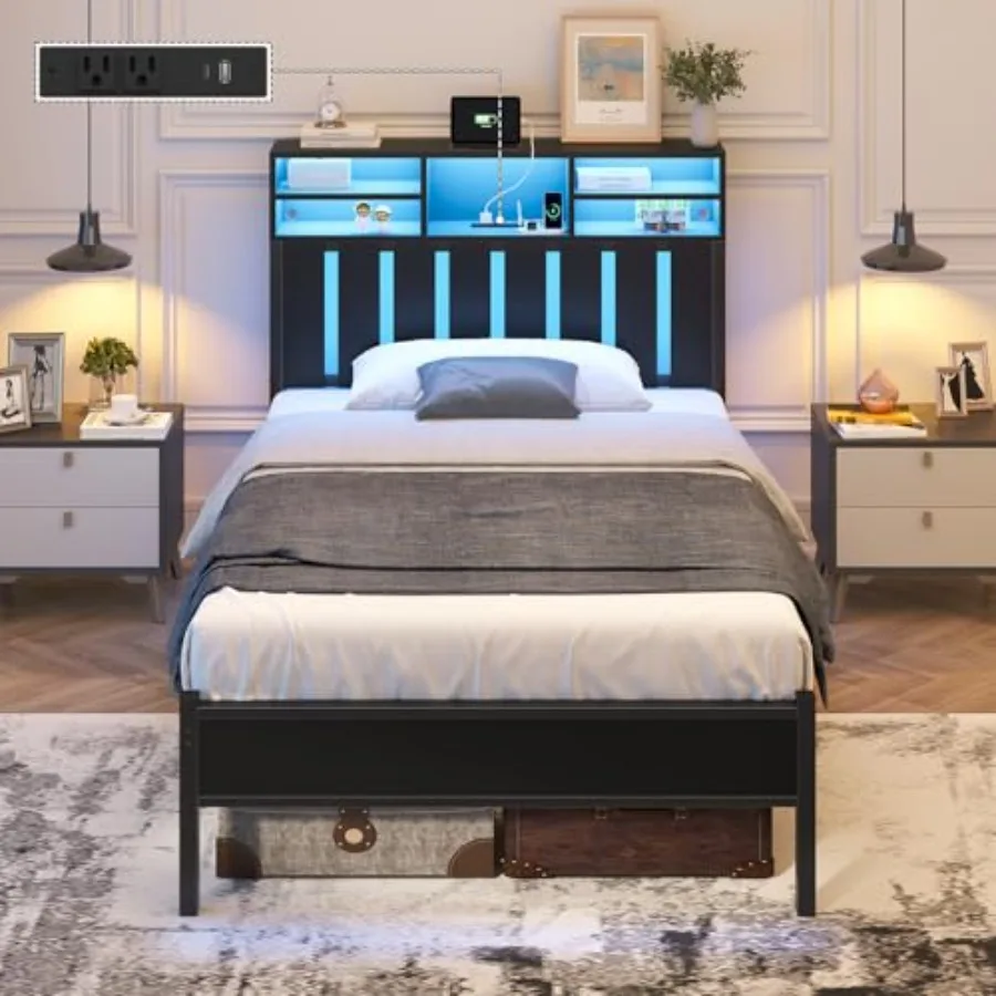 Size Bed Frame with Storage Headboard and LED Lights: bedroom use, engineered wood, walnut finish, space-saving design with int
