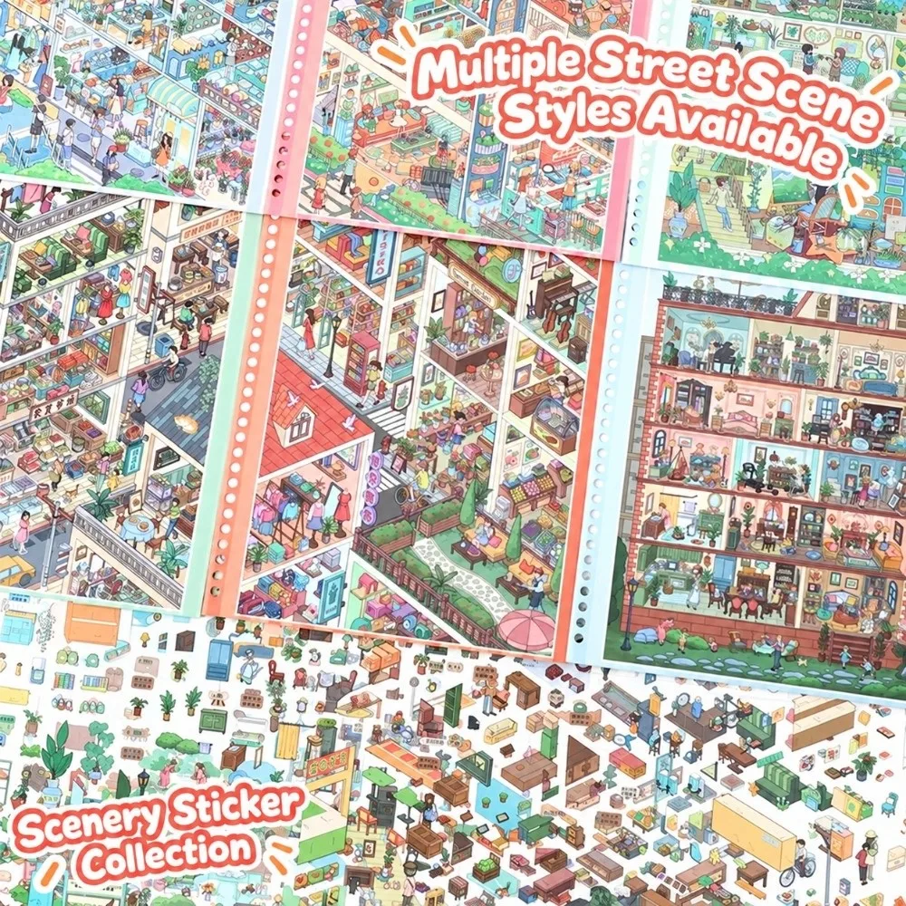 Street Scene Grid Room Landscape Sticker Collection Book Collage Die-Cut 3D Miniature Scene Stickers PET DIY Cabin Scene Sticker